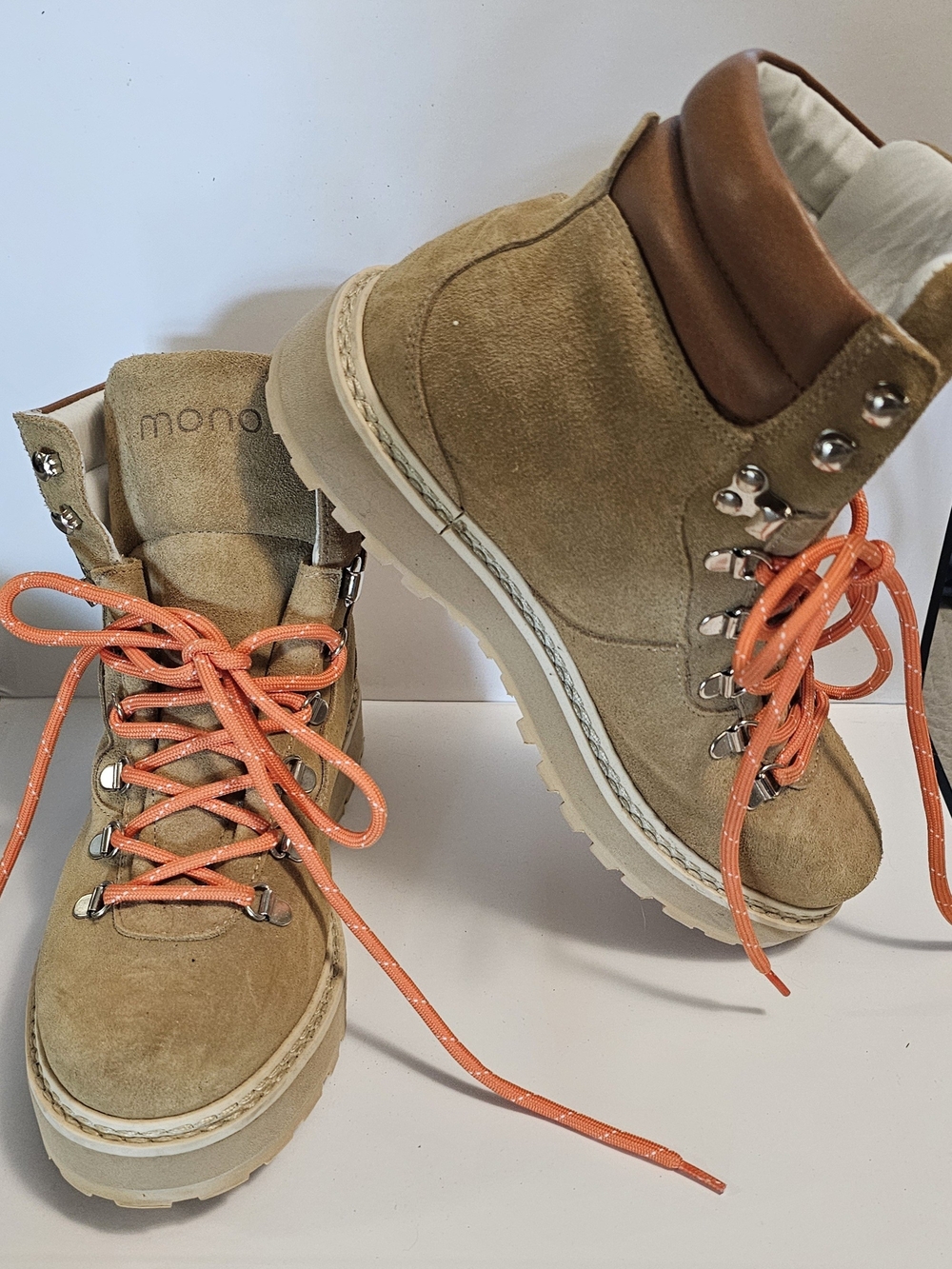 Mono Tan Suede Lace-Up Boots with Orange Laces